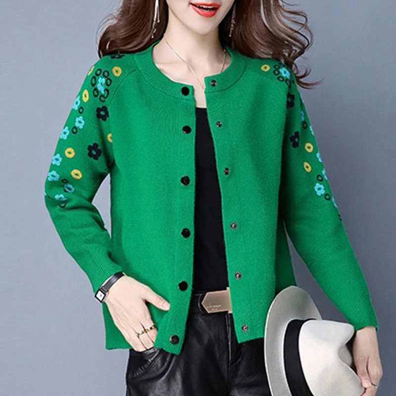 Women\'s Korean Fashion Floral Jacquard Elegant Knitted Cardigan Spring Autumn Female Casual Round Neck Long Sleeve Sweater Coat