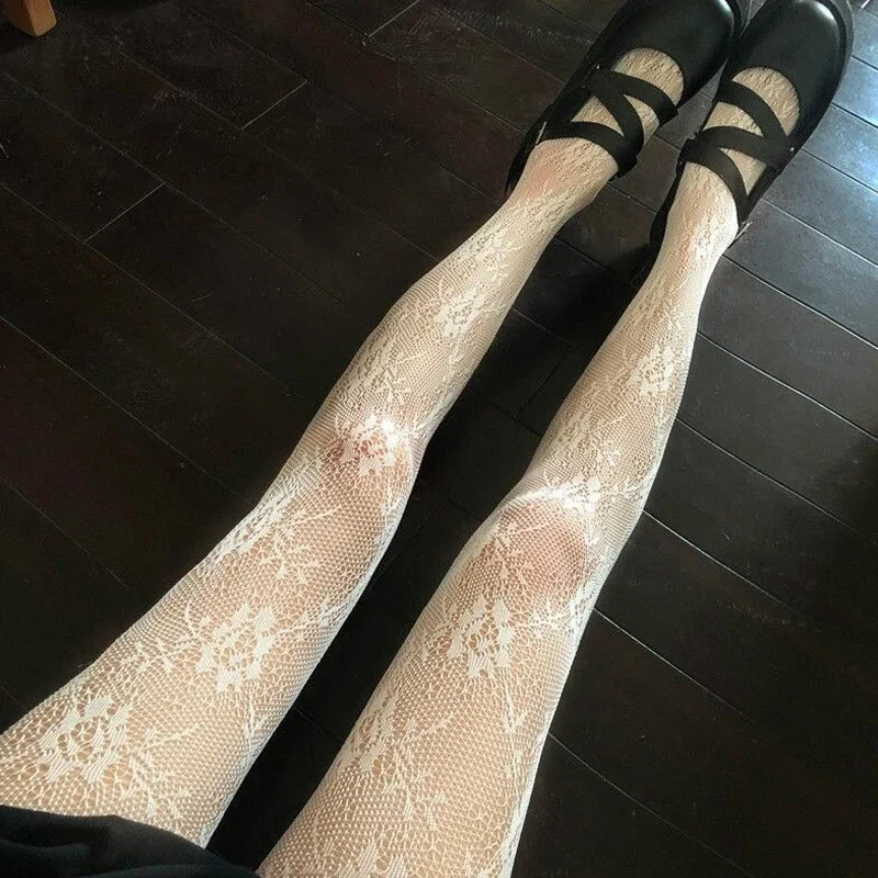 Japanese Style Flower Pattern Hollowed Out Lace Mesh Stochings Pantyhose for Girls Fashion Black White Lolita Stocking Hot Tight