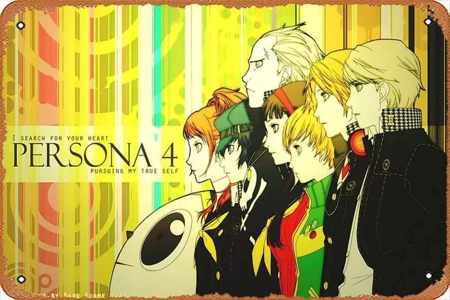 Persona 4, Hanamura Yosuke, Narukami Yu, Satonaka Chie, Amagi Yukiko Vintage Poster 8x12 Inches Retro Vintage Metal Tin Sign for