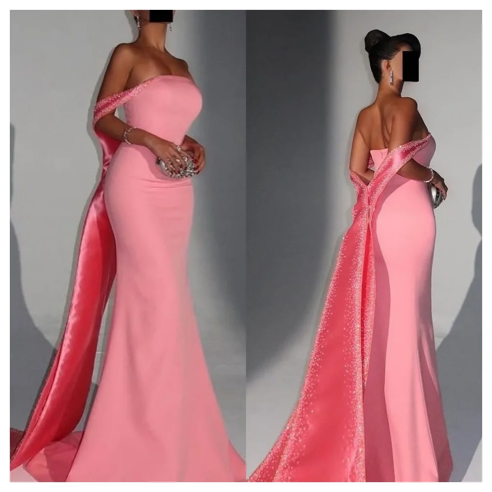 

Customized Mermaid Graceful Pink Jersey Evening Dress Fashion Boat Neck Off the Shoulder Sleeveless Prom Gowns Formal Party Gow