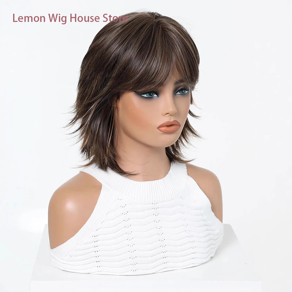 Picture 6: Shaggy Layered Short Synthetic Wig Dark Brown with Caramel Blonde Highlights Wolf Cut with Bangs Daily Women Wig Heat Resistant