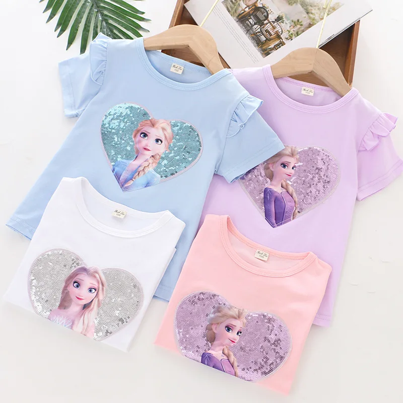 

New Kids T-shirt Short sleeves Children Frozen Elsa Cotton Summer Girls Tee Party Princess Disney Girls Clothes Costumes 3-8Y