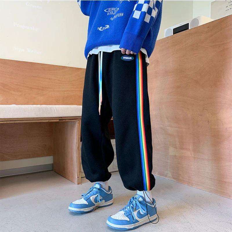 Side Stripe Pants Men Sporty Spring Autumn Rainbow Loose Korean Style Trendy Casual Hipster Streetwear Ankle-tied Normcore New