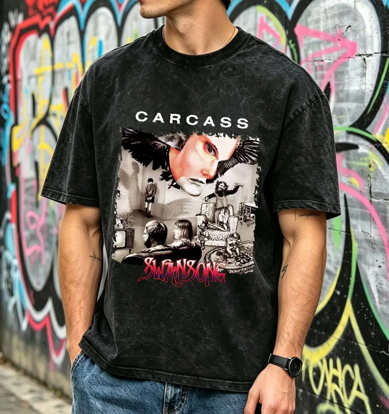 washed T Shirt Cotton Swansong Carcass Music Bill Steer Daniel Wilding vintage Washed Casual graphic Versatile streetwear homme