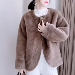 Abrigo cálido de terciopelo para mujer, abrigo informal de un solo botón, cuello redondo, abrigo de terciopelo de imitación, Top de oficina para mujer, Invierno
