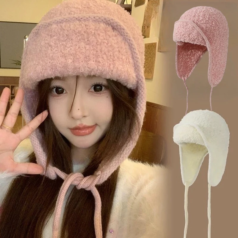 Japanese Ear Protection Knit Hat Winter Warm Cold Proof Flying Cap Solid Color Woolen Crochet Bonnet Korean Women Beanie