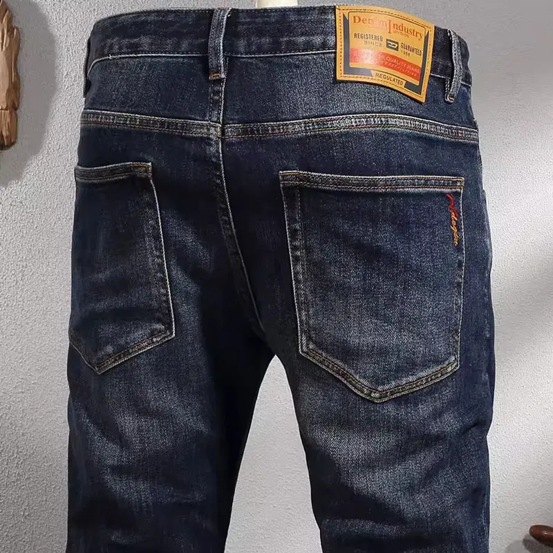 European Fashion Men Jeans High Quality Retro Washed Blue Elastic Slim Fit Vintage Jeans Men Casual Designer Denim Pants Hombre