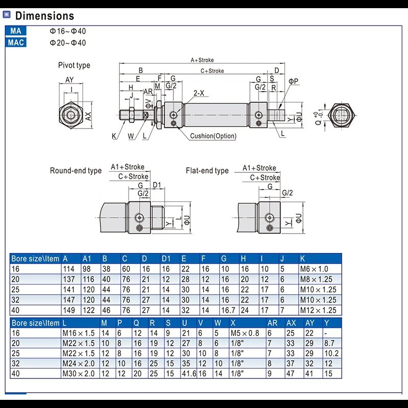 MA16/20/25/32/40 Stainless Steel Double Acting Mini Pneumatic Cylinder 25 To 500 mm Stroke Air Pressure Cylinder image 6
