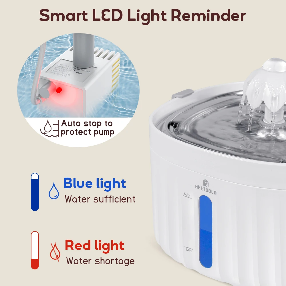 APETDOLA Fontanna dla kota Automatyczny dozownik wody dla kotów i psów z tacą ze stali nierdzewnej 6-poziomowy system filtrowania fp10