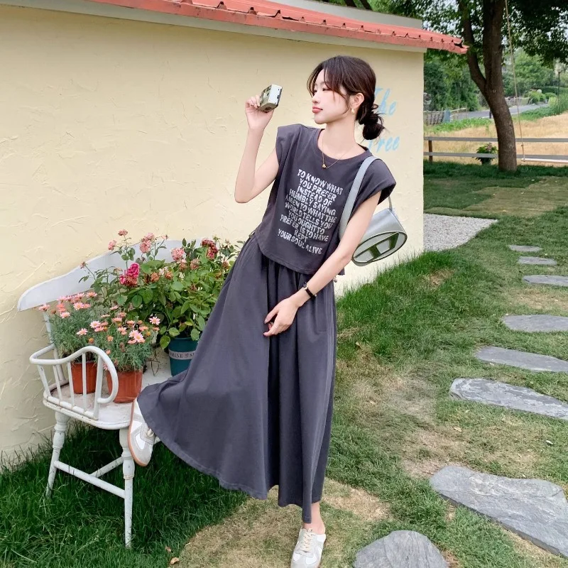 2025 letnie dorywczo szare litery bez rękawów t-shirty długie spódnice dwuczęściowe garnitury moda damska krótka kamizelka spódnica stroje