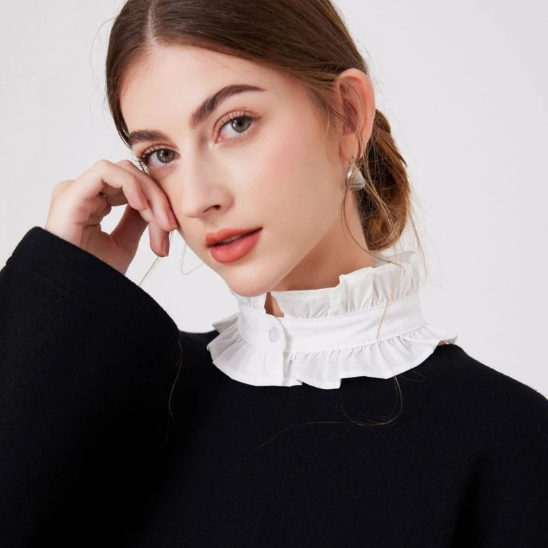 Women Elegant Pleated Ruffled Faux Collar Detachable Blouse Stand Collar Neckpiece Neck Ruff Choker Clothing Accessory