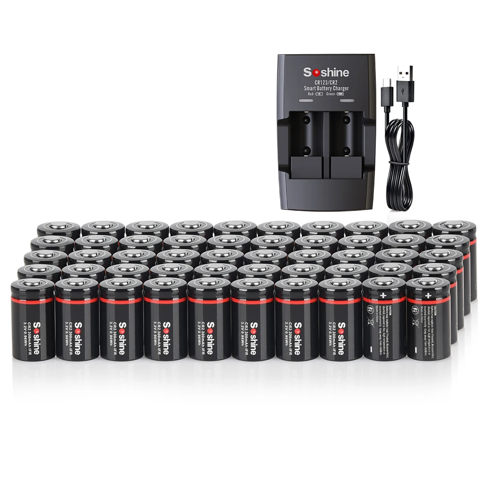 Soshine 50pcs 3.2V 300mAh LiFePo4 Battery CR2 Rechargeable Battery and Chargerfor Rangefinders Telescopes Electric Smoke Alarms