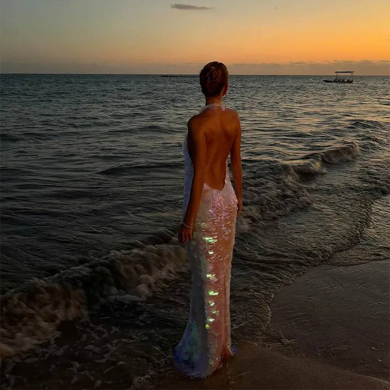 Chic Shinning Sequins Maxi Dress For Women Backless Sleeveless Halter Robes 2025 New Lady Spring Summer Vacation Beach Dresses image 5