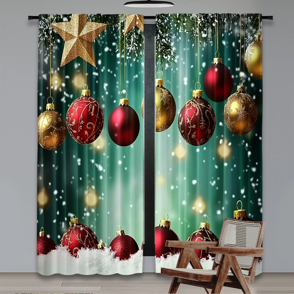 2D flat printing 2pcs Merry Christmas Curtains Christmas tree3 Digital Printed Polyester Drapes Non fading Festive Holiday