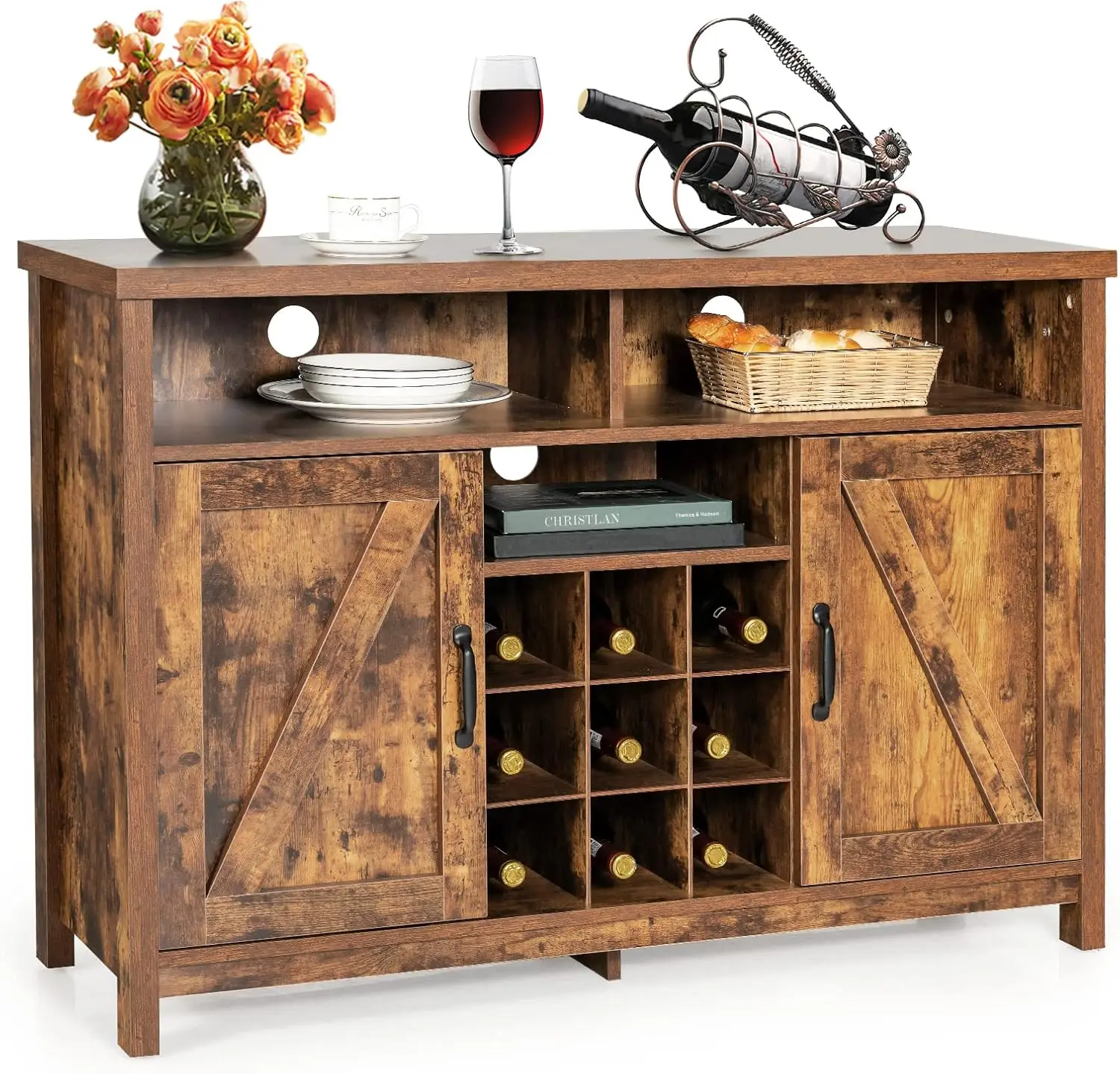 

Buffet Sideboard, Farmhouse Kitchen Storage Cabinet, 9-Bottle Wine Rack & 2 Door Cabinets, Wood Pantry Cupboard, Credenz