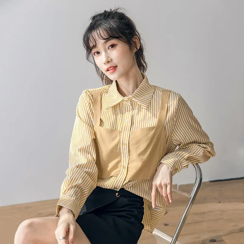 가짜 투피스 귀여운 한국 스타일 패치워크 셔츠 탑 여성 의류 신상 봄 가을 긴팔 스트라이프 패션 블라우스 캐주얼 트렌드
