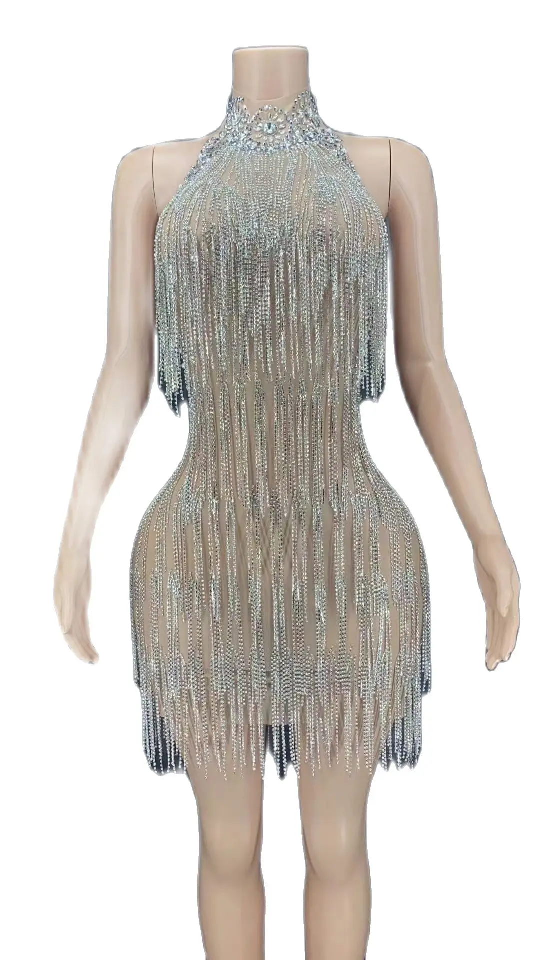 Backless Bling Sparkly Chill Birthday Party Summer Evening Short Dress Women Singer Stage Wear Vegas Showgirl Outfit 2022 Silver