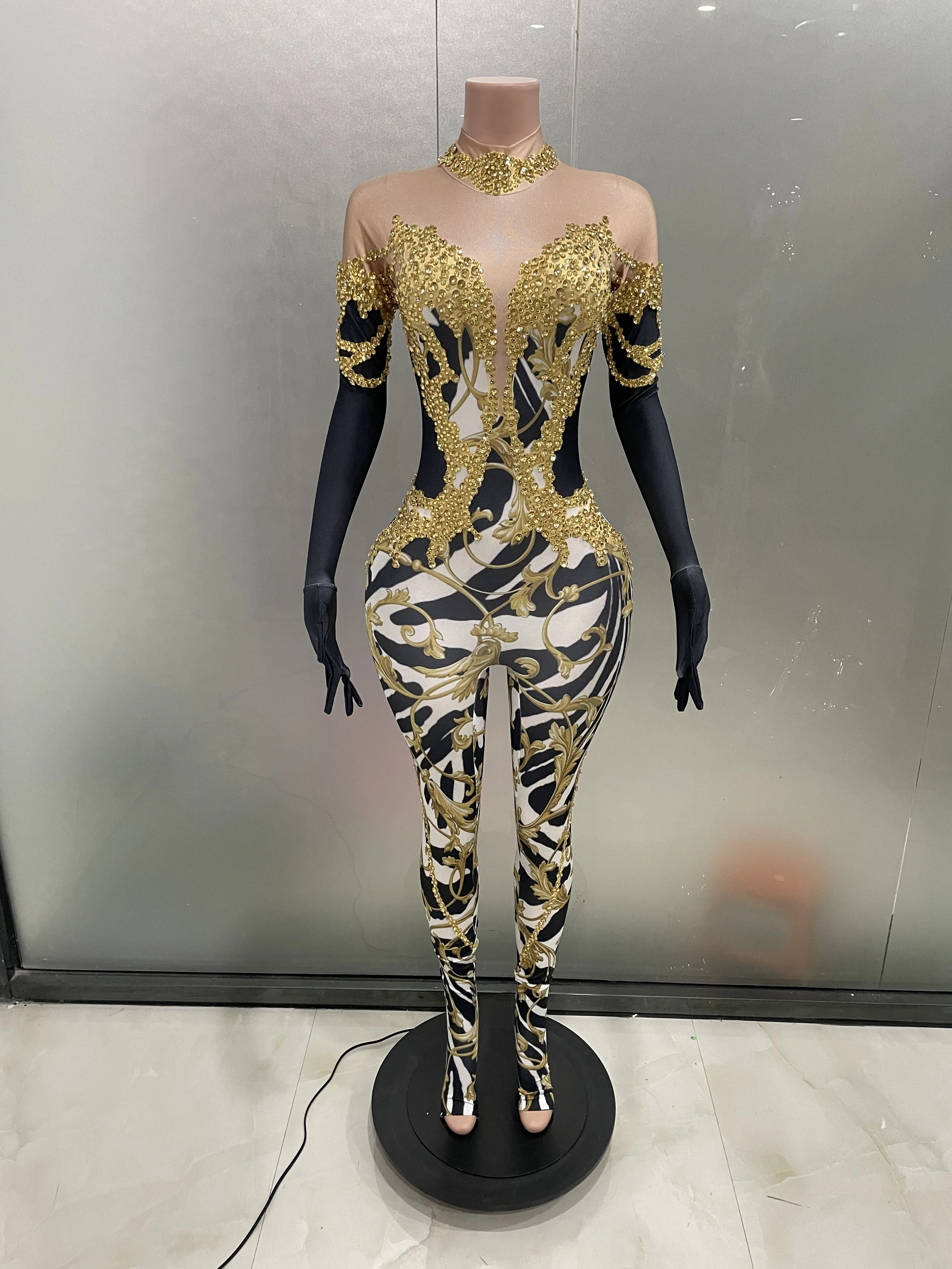 Luxurious Sparkly Gold Rhinestone Jumpsuit with Gloves Sexy Club Party Leggings Stage Pole Dance Showgirl Bar Hot Dance Jumpsuit