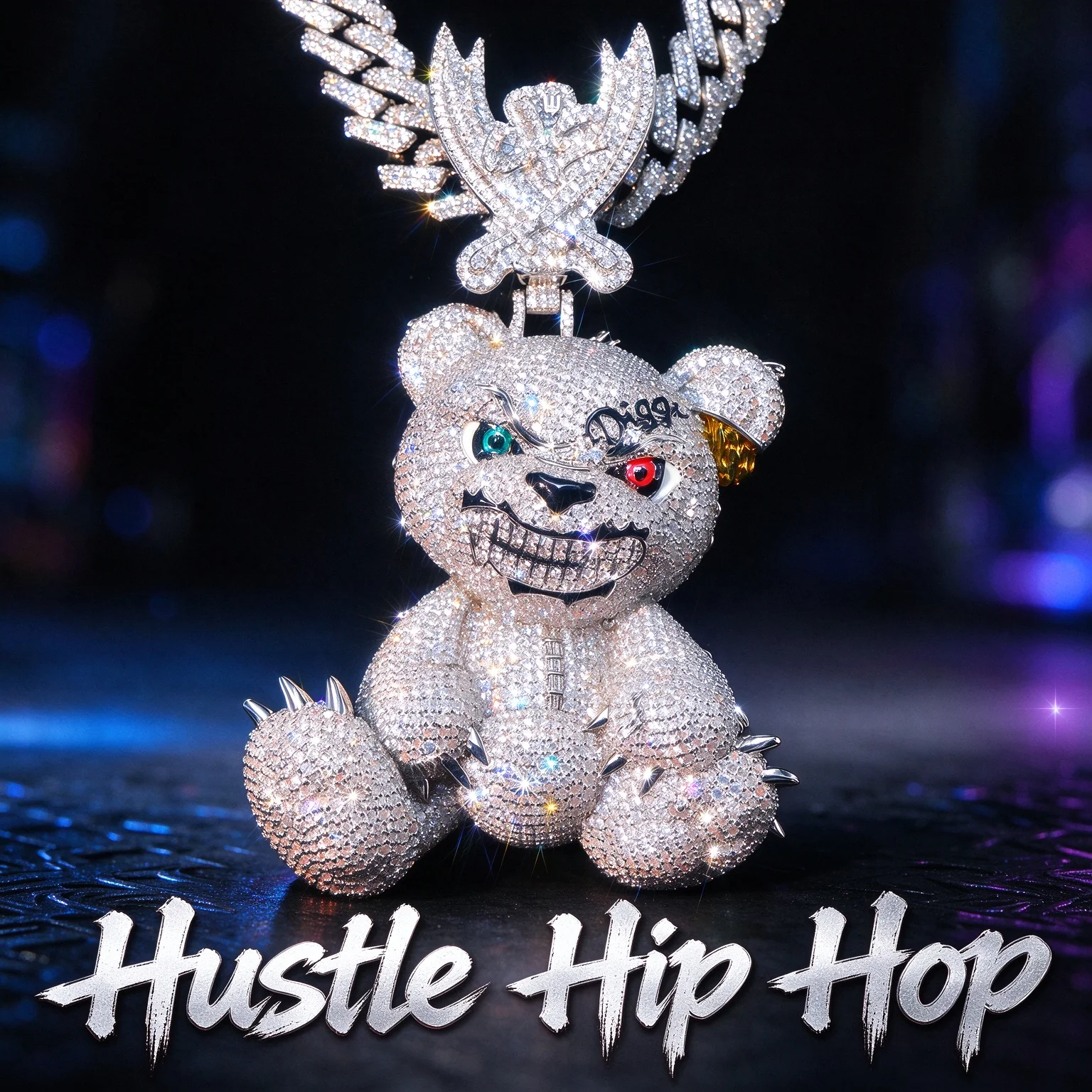 Image of Iced Out 3D Angry Spiked Bear Hip-Hop-Anhänger, vollständig mit funkelnden Zirkonia-Steinen besetzt, galvanisiertes 18K-Gold, Cartoon-Bär-Charm mit Schwert- und Totenkopf-Design für Herren, Rapper,