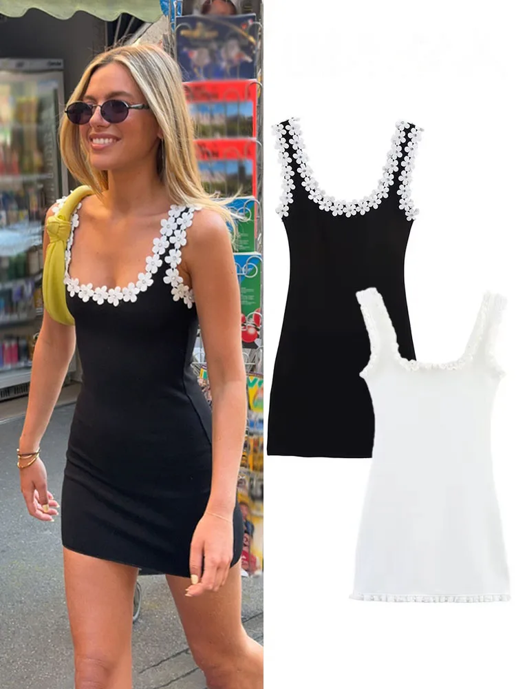 HH Female Summer Sexy Slim Dress 2 Color Solid Square Collar Sleeveless Backless Flower Decoration Women's Fashion Dresses