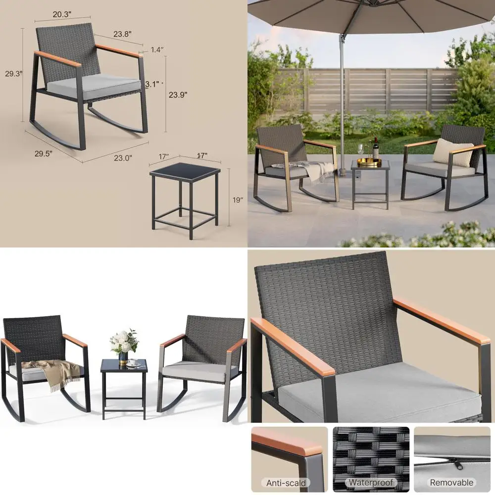 

Комплект садовой мебели из 3 предметов: плетеный столик-бистро с подушками, стеклянным столом и огнеупорными подлокотниками для сада, двора или веранды