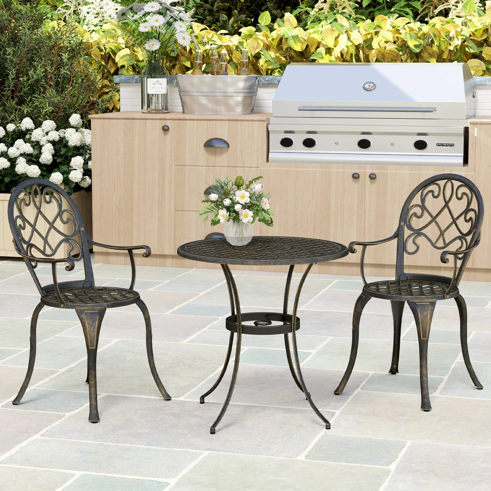 Outsunny 3 Piece Patio Bistro Set for 2, Outdoor Aluminium Garden Table and Chairs, Bronze Tone