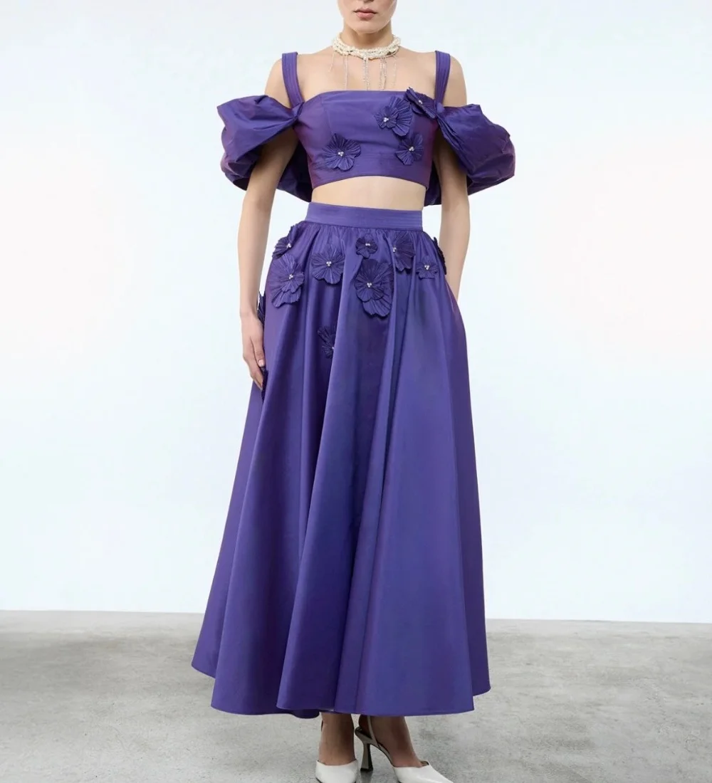 Customized Modest Fashion Handmade Flower Beading A-line Off-the-shoulder  Ankle Length Evening Dresses Sizes Available