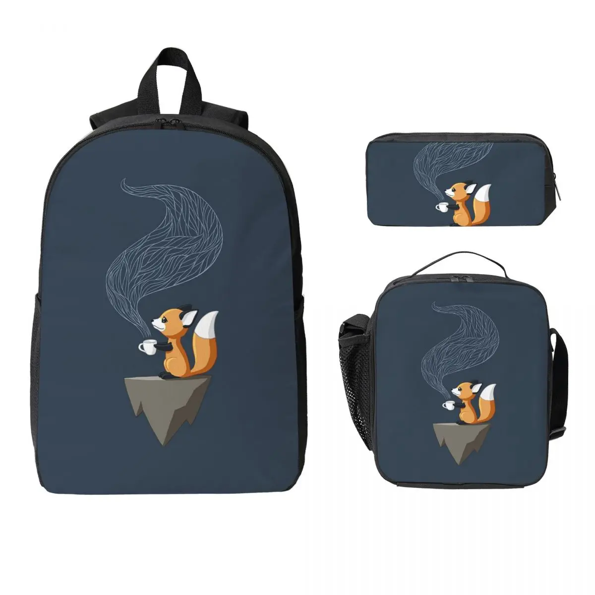 

Fox Tea Backpack Student Boys Girls BookBag School Bag Computer Shoulder Bags 3ps Insulated Lunch Bag Pencil Case