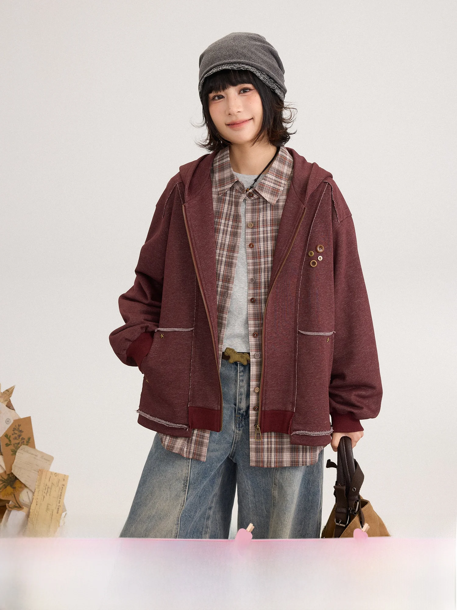 

Spring Hoodie Jacket Casual Loose Fit Workwear Shoulder Drapey Splicing Vintage Original Design Ladies Outerwear