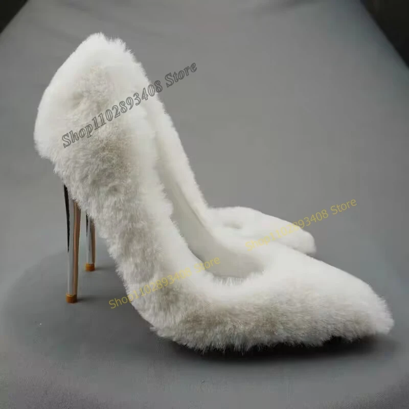 

White Fur Decor Shallow Pumps Pointed Toe Stilettos High Heel Slip on Women Shoes 2023 Autumn Fashion Sexy Zapatos Para Mujere