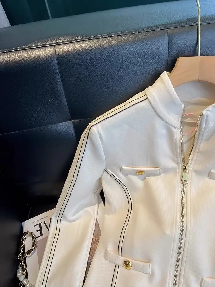 

Autumn Design Sense Splicing Color Collision Motorcycle Baseball Suit Temperament Slim Fit Stand Up Collar Jacket Women's Spring