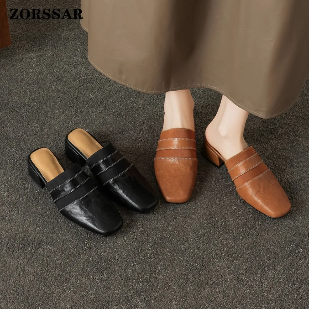 Square Toe Mules for Women, Genuine Leather Slip on Block Heel Sandals, Comfortable Closed Toe Casual Summer Shoe for Daily Wear