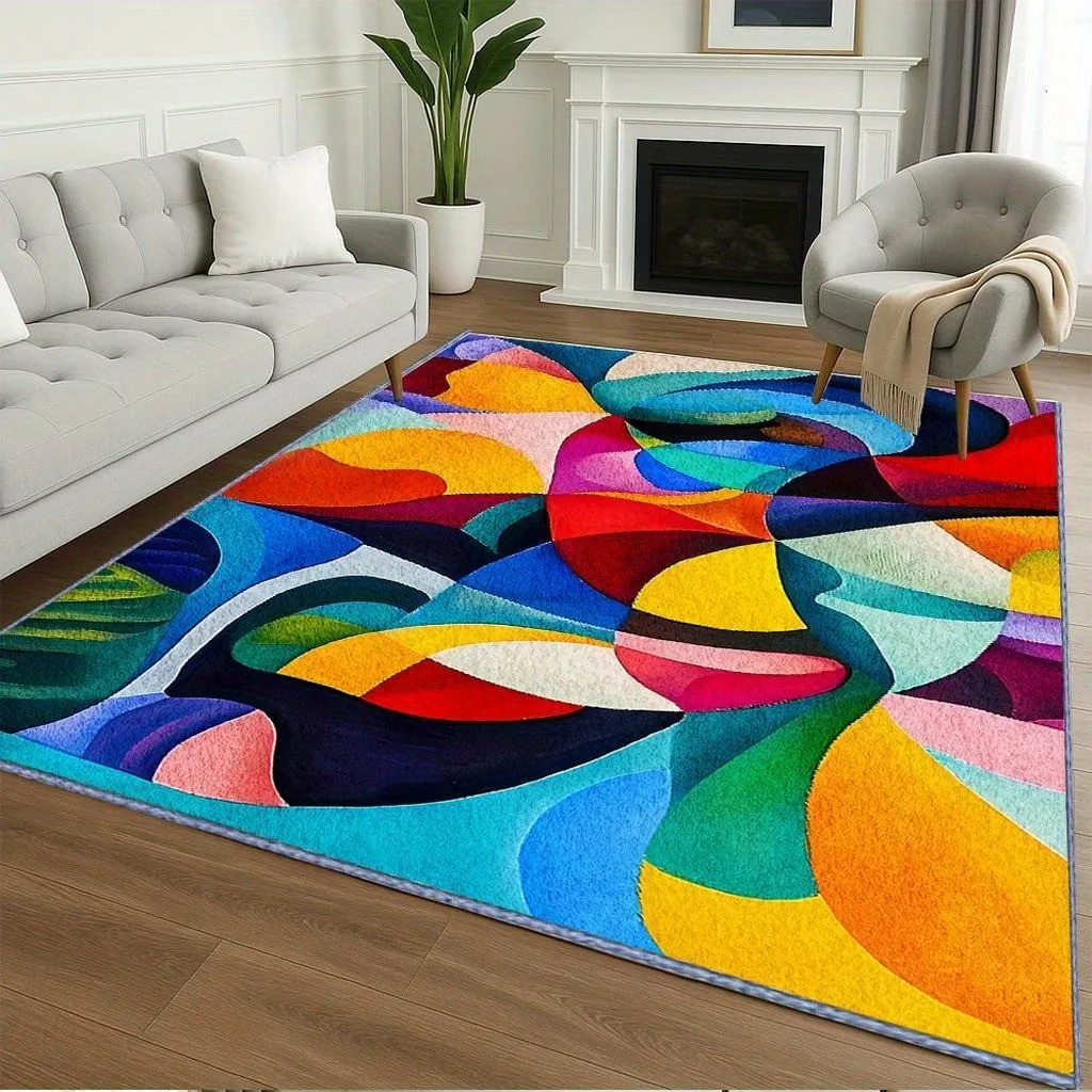 Contemporary Abstract Geometric Carpet Elegant Bright Multi Color Area Rug Luxury Floor Mat Stylish Living Room Decor