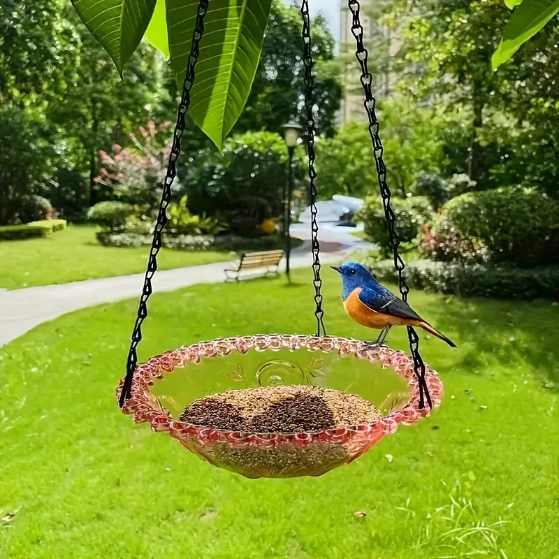 Hanging Bird Bath Feeder Set with Chain Outdoor Garden Patio Decor Floral Design PP Bird Water Dish Yard Bird Feeder Tool