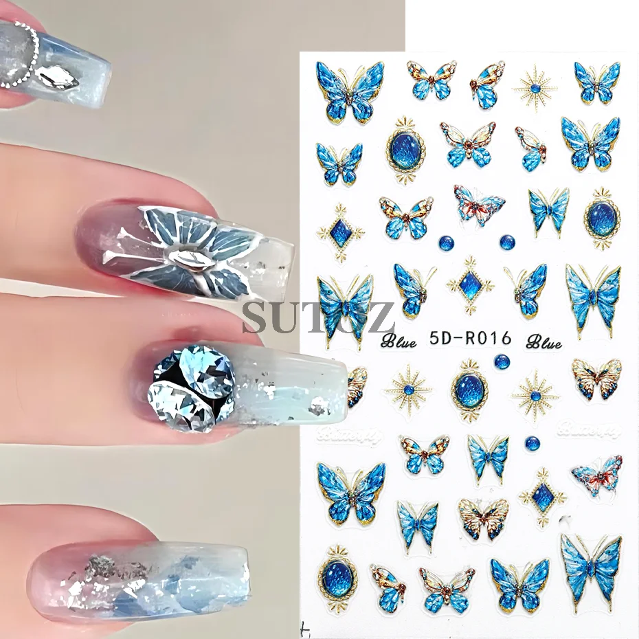 5D Winter Butterfly Nail Stickers Relief Color Butterfly Glitter Design Nail Art Decor Decals Butterfly Fairy Manicure LE5D-R018