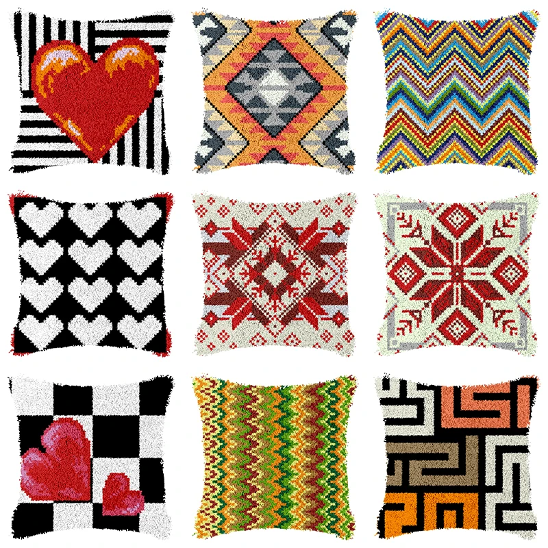 Housse de coussin loquet crochet tapis kits géométrique adultes bricolage sac plastique toile smyrna broderie knooppakket knoopkus pakket