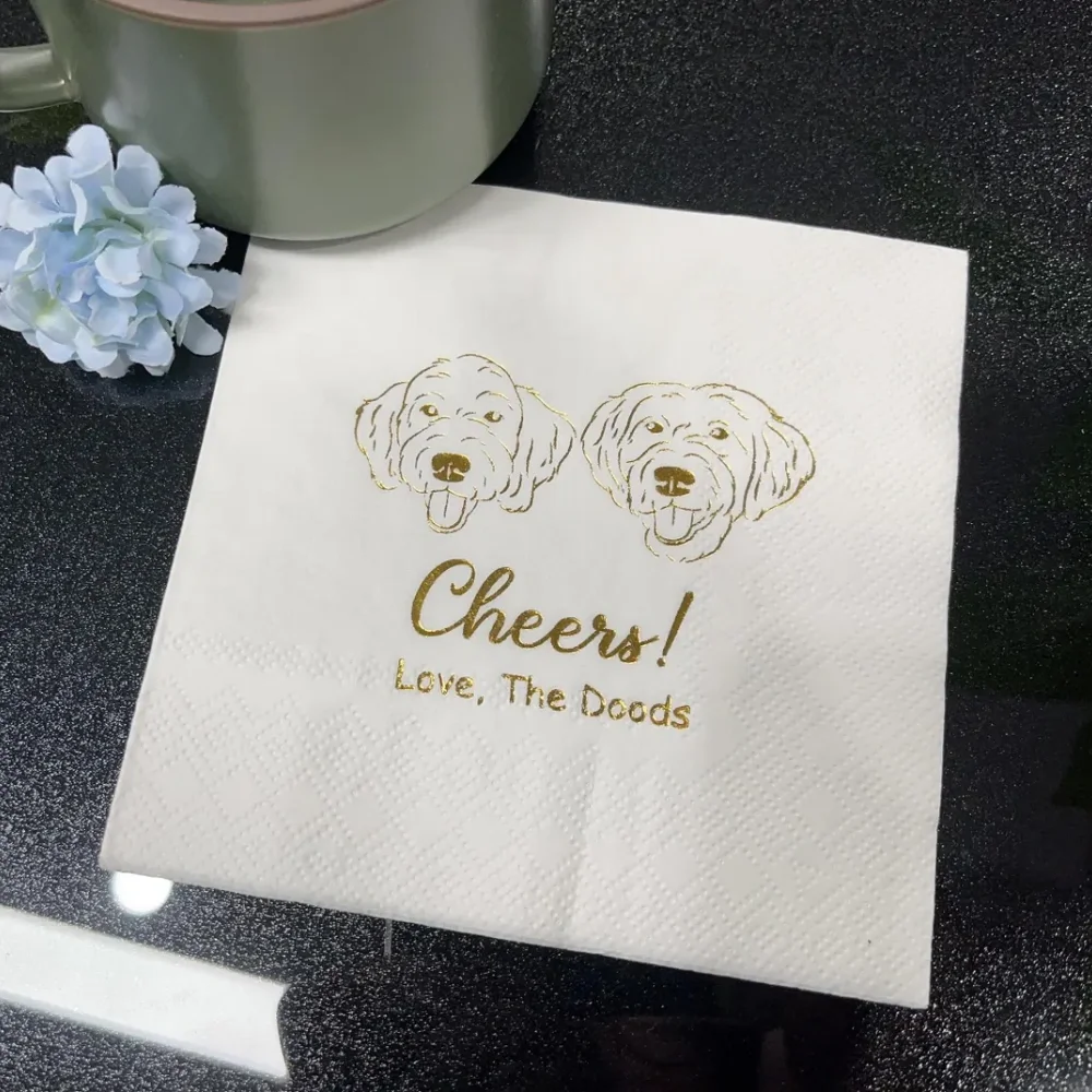 50 pcs Custom Illustrated Dog Wedding Napkins,Bridal Shower,Engagement Party,Custom Bar Napkins,Custom Pet Wedding Napkins,