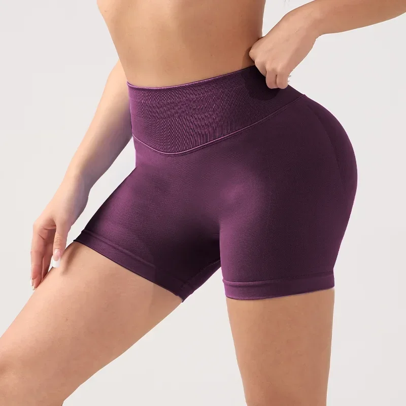 Largesizeolidwomenquickdryingseamlessfitnessyoga shorts de cintura alta sem costura apertado feminino correndo encaixe ginásio shorts feminino colheita