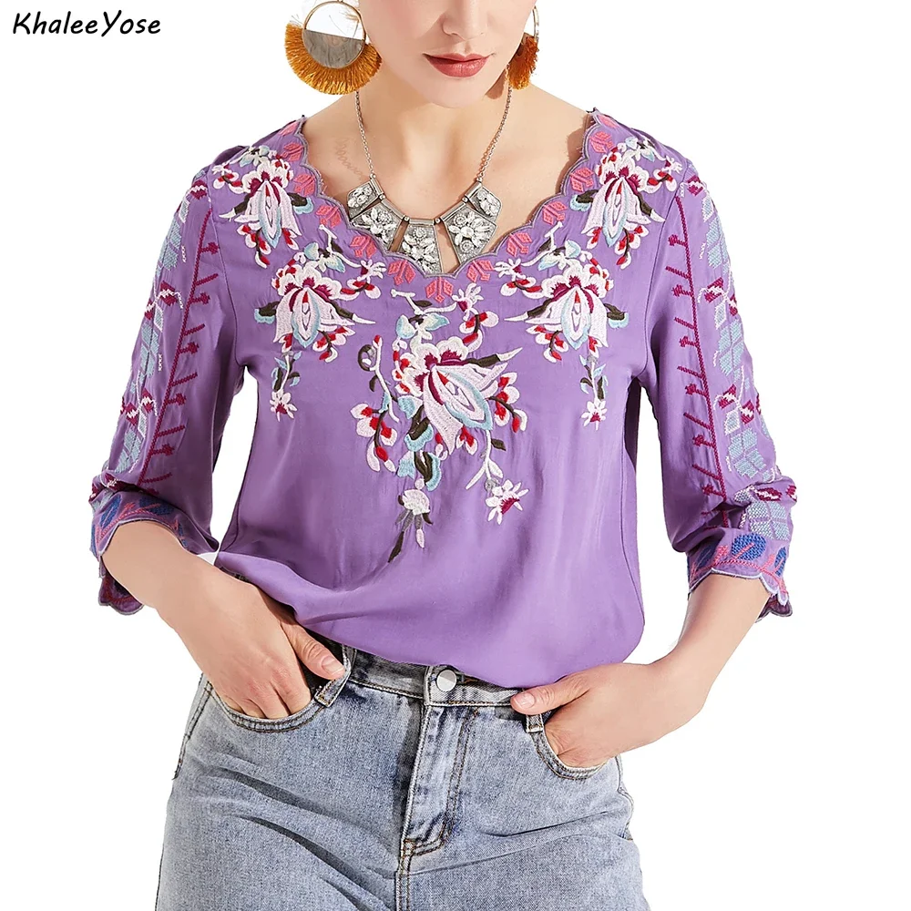 KHALEE YOSE Floral Embroidery Blouses Vintage Chic Mexican Shirts sipng Autumn Blouse Top 2xl 3xl Ethnic Hippie Shirt Blouse