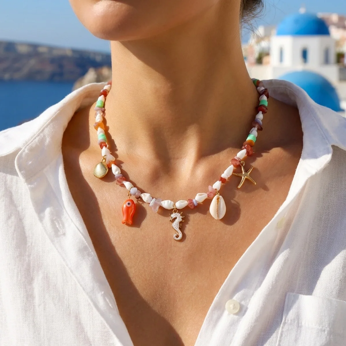 Sommerliche Muschel-Seestern-Imitationsperlen-Quasten-Anhänger-Halskette für Damen und Herren – Seepferdchen, Fisch, Muschel, Schildkröte, Delfin Choker-Schmuck – Detail 17