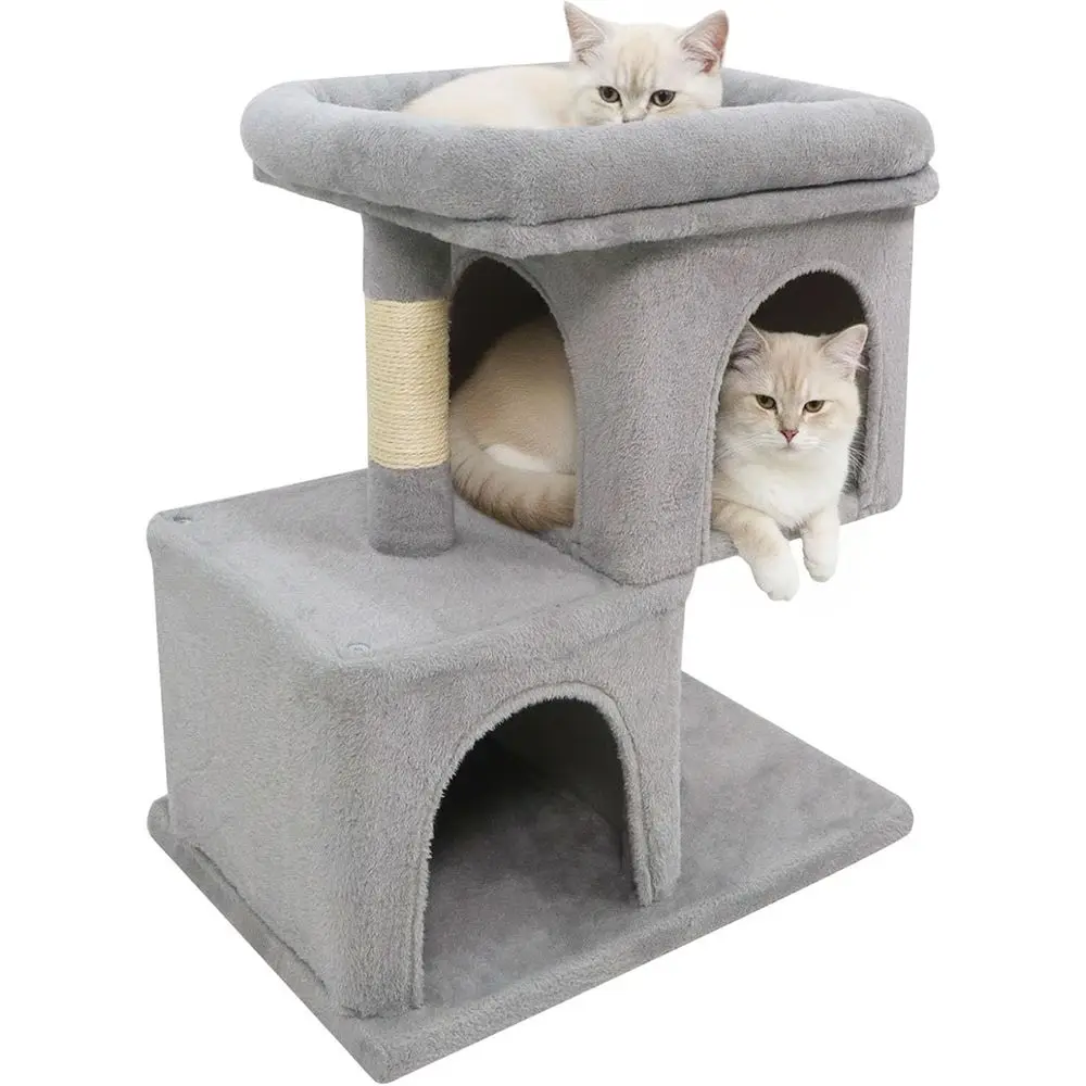 

25,5-дюймовый домашний игровой комплекс для кошек с сизалевыми когтеточками, 2 мягкими лежанками-домиками для кошек и котят (светло-серый)
