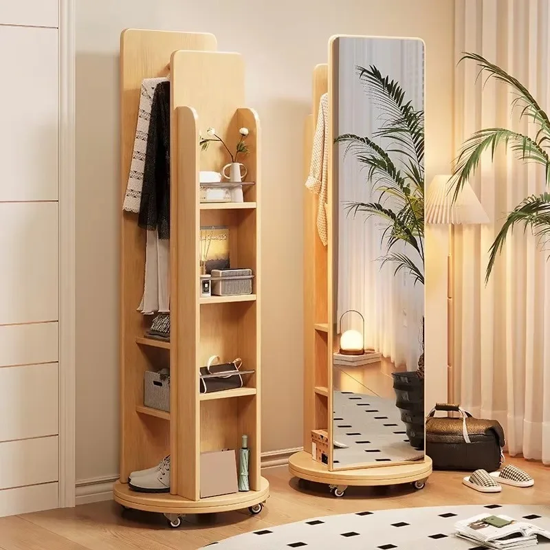 Rotating Hanger with Full Body Mirror Mobile Floor Stand Storage Rack Suitable for Entrance Hallway