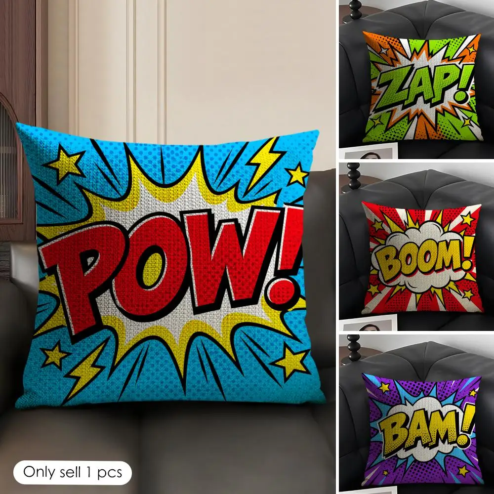 Pop Art Comic Wow Cushion Cover Skin-Friendly Organic Linen Pillow Cover Durable Hypoallergenic Washable Soft