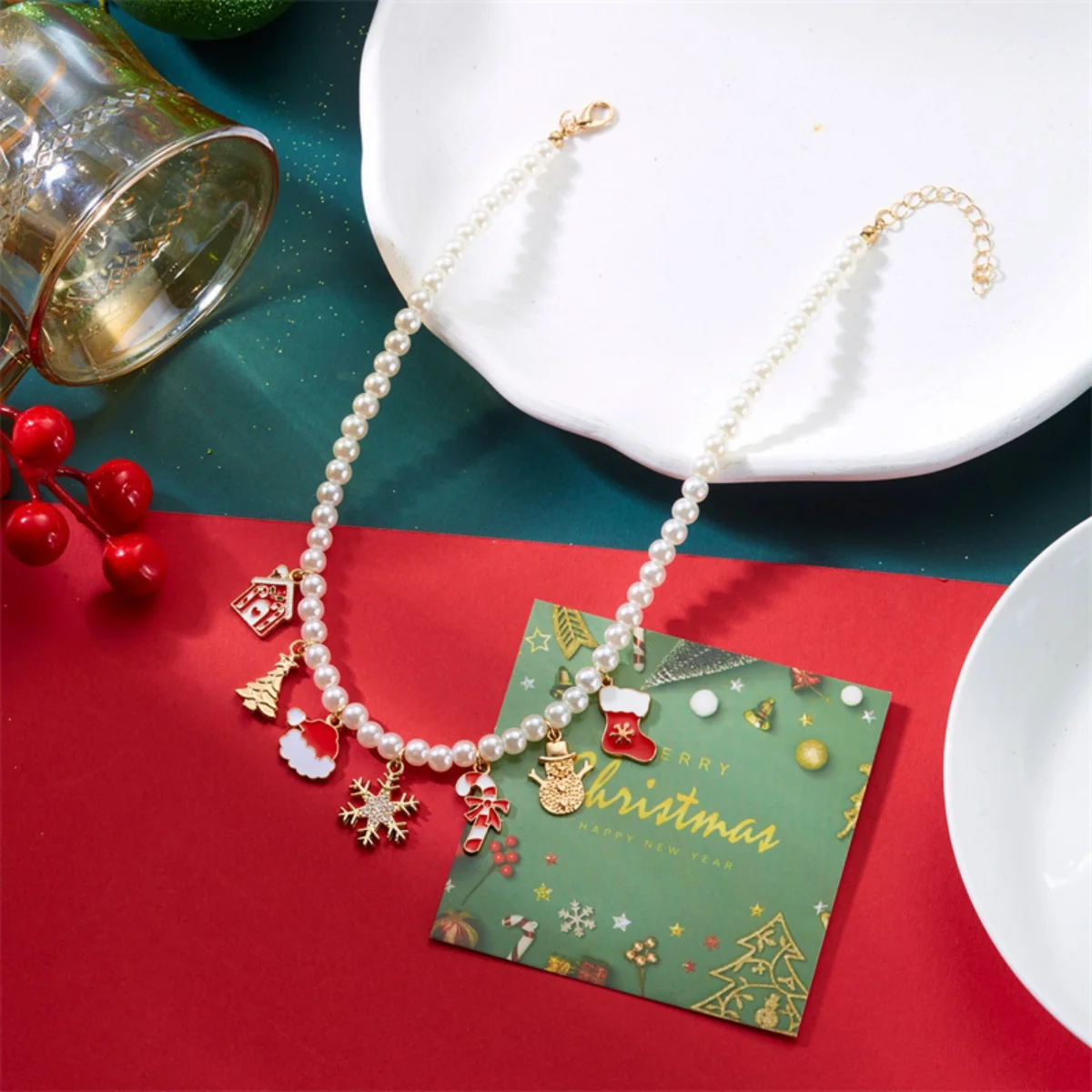 عيد الميلاد قلادة ثلج هدية صندوق شجرة الحلوى الزنجبيل ندفة الثلج جورب قصب تقليد اللؤلؤ المختنق مجوهرات هدية للرجال النساء