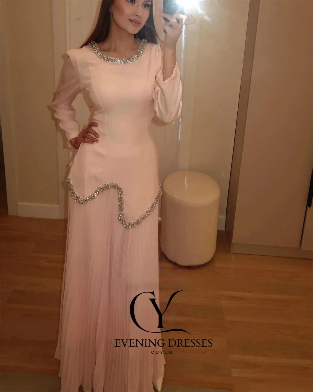 CUYUN-vestidos de fiesta personalizados para mujer, para ocasiones especiales, lujoso vestido de fiesta de manga larga, vestido elegante rosa con cuello redondo brillante