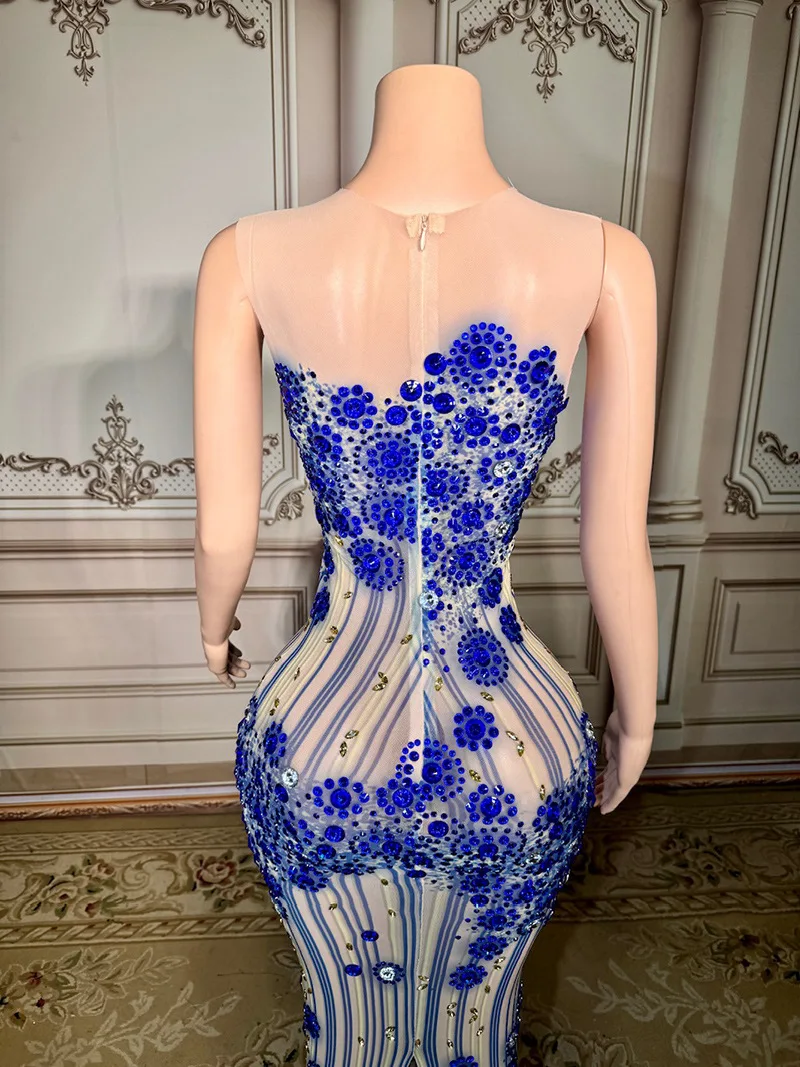 Jaar Niche Licht Luxe Temperament Elegant Blauw Strass Jaarvergadering Lange Gastheerjurk Zanger Prestatiejurk Partykleider