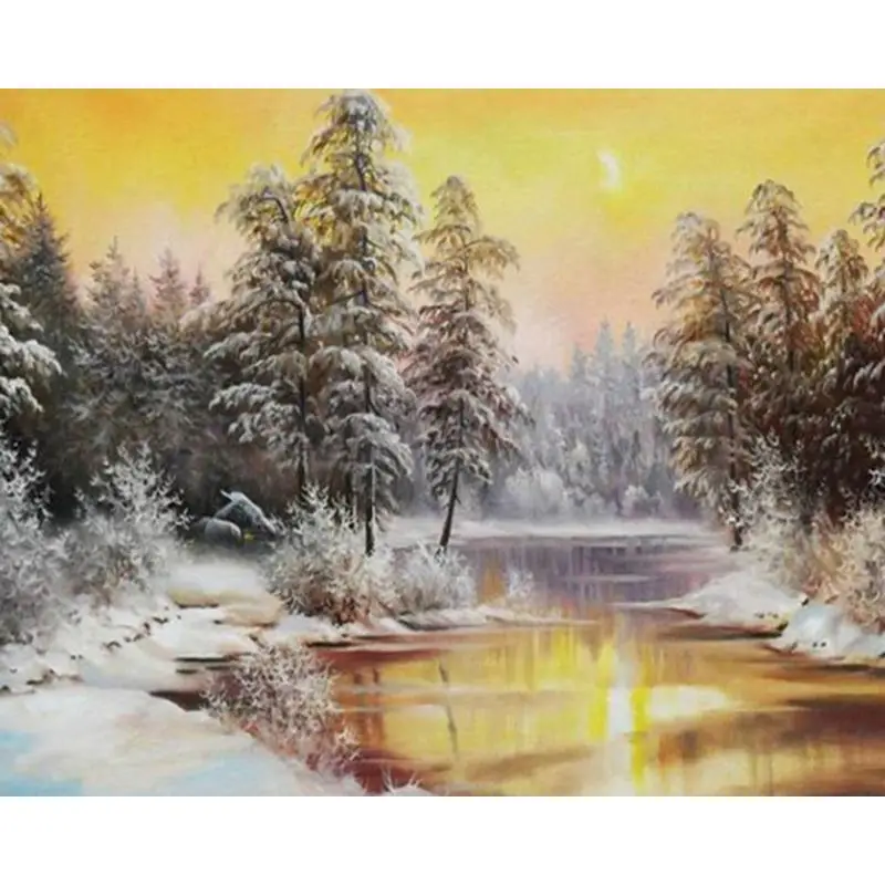 Malen nach Zahlen, Schneelandschaft, Zeichnung auf Leinwand, handgemalt, DIY-Winterbild-Sets, Heimdekoration, Weihnachtsgeschenk
