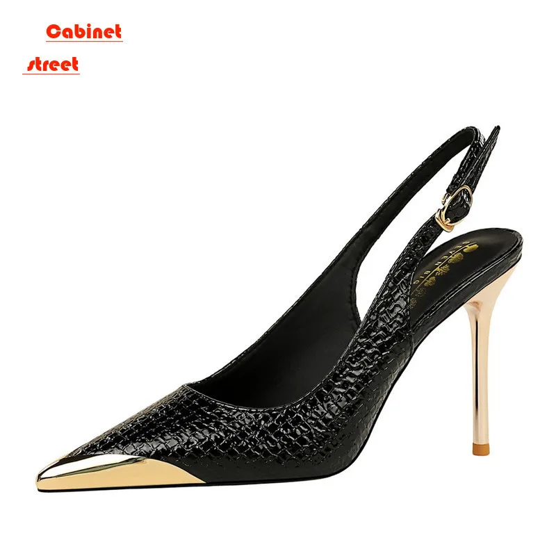 

High Heeled Women's Shoes with Thin High Heels Shallow Mouth Metal Pointed Back Ladies Hollowed Out Back Strap Women Pumps