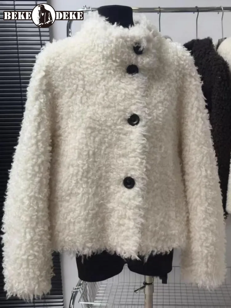 Leisure Style Single-Breasted Female Wool Cashmere Outerwear Long Sleeves Stand Collar Warm Solid Color Sheep Wools Jacket