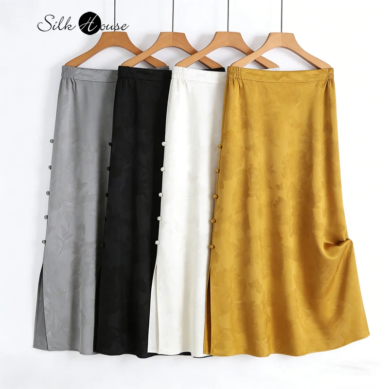 Women's Fashion New 35MM 100% Natural Mulberry Silk Jacquard Satin Bag Hip Buckle Split Solid Color Straight Tube Skirt